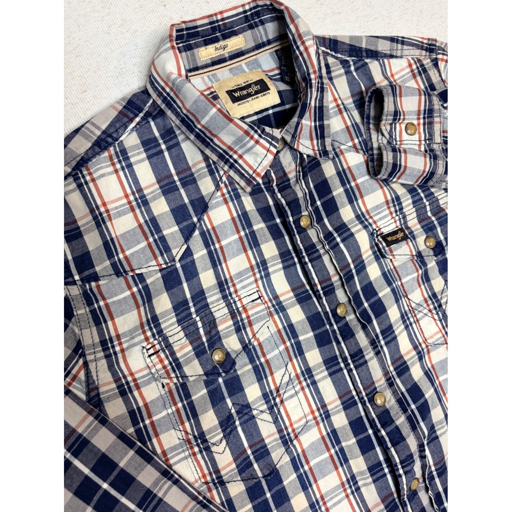 Wrangler Mens Plaid Western Pearl Snap Shirt Blue Orange MTF9PIP Small